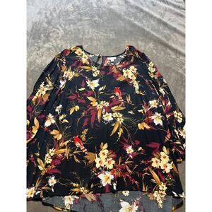 J. Jill Wearever Women’s XL Floral Tunic Top 3/4 Sleeve Shirt Black Stretch Boho